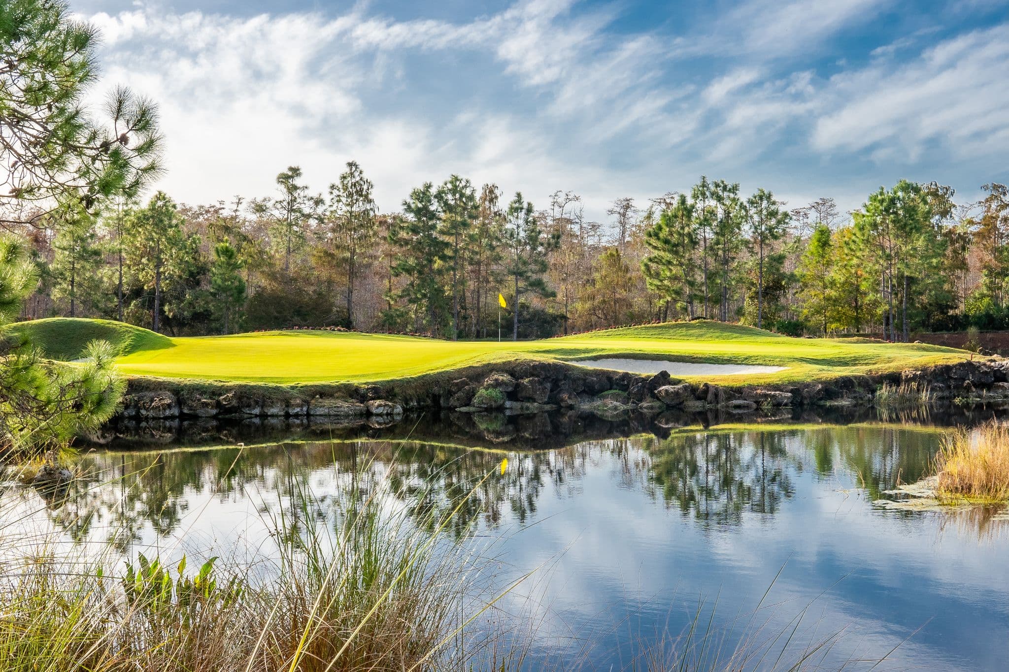 The island green on the 12th hole, ringed with rock and water
