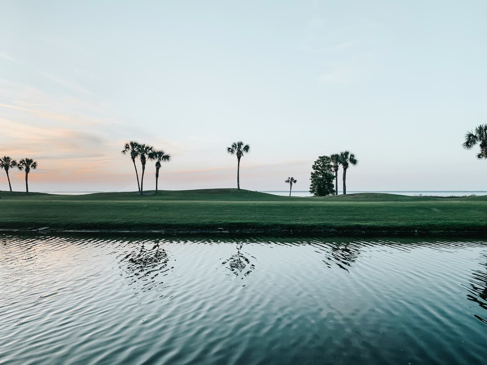 Palms along a fairway across a lake at dusk